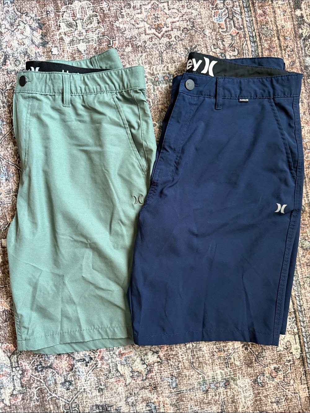 Two pairs of Hurley Men’s Hybrid Shorts in Navy & Sage Green EUC Sz 36